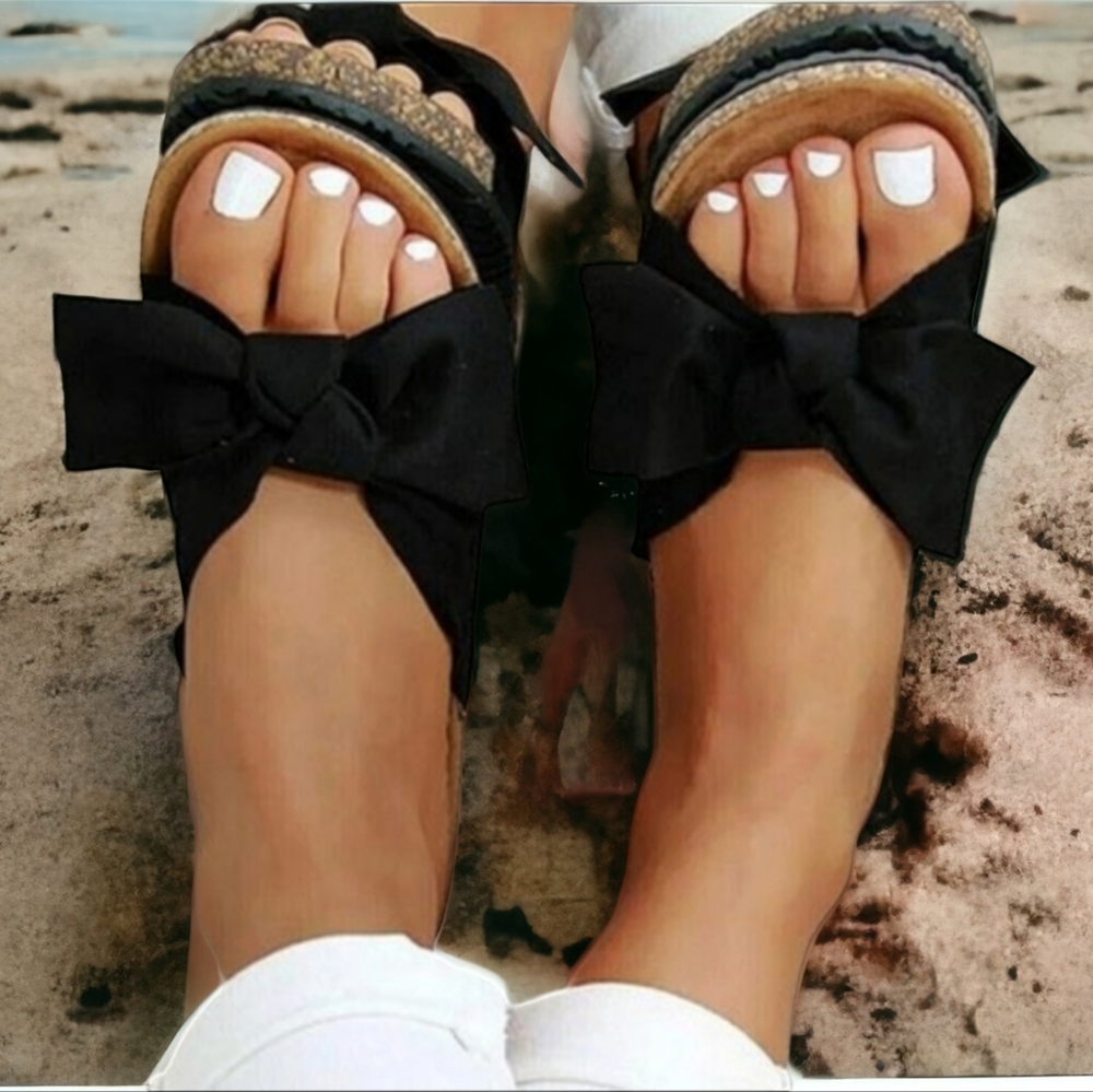 Black Velvet Bow Cork Heel Slip-On Sandals EU 39 - Picture 3 of 15